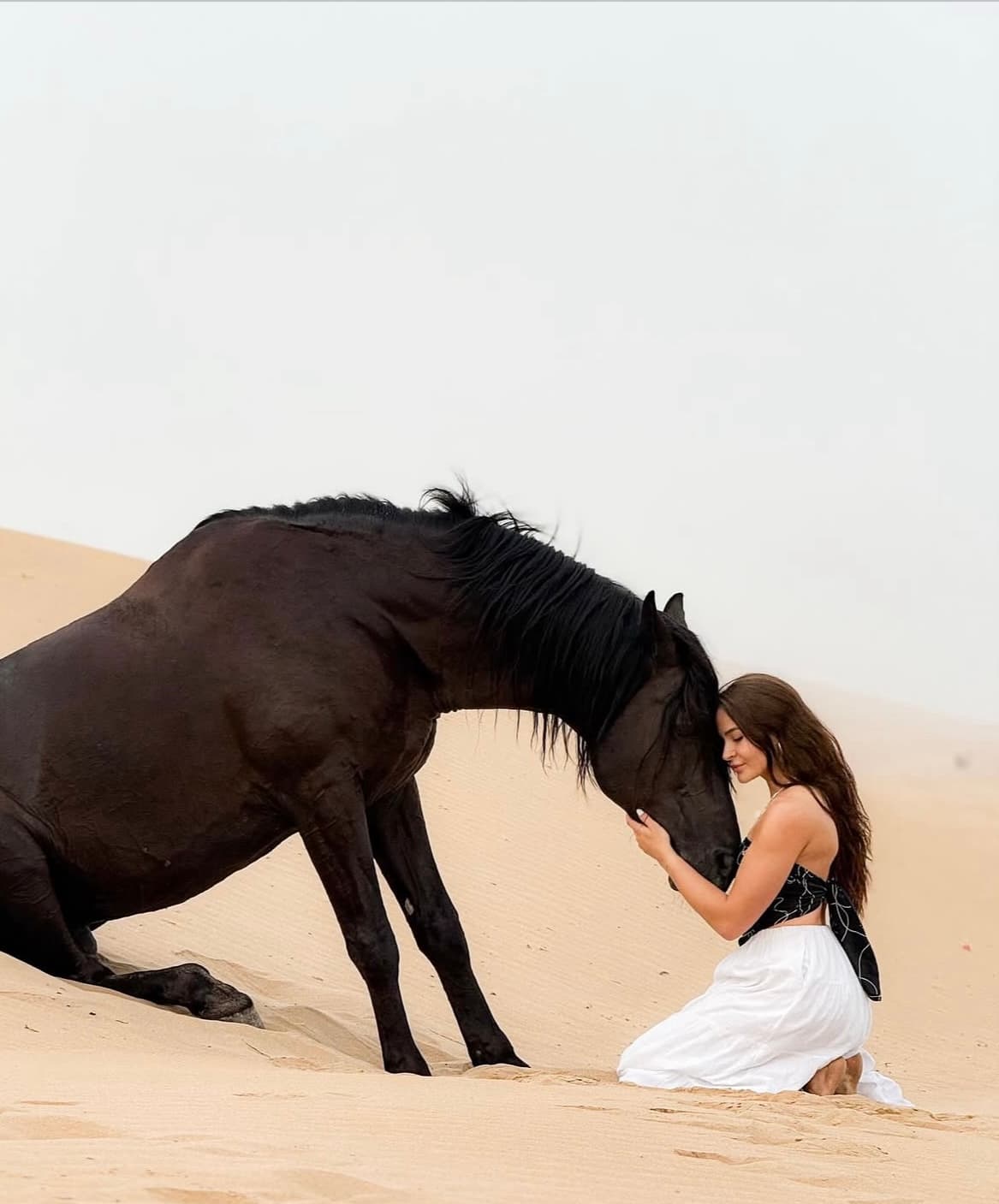Woman embracing a black horse in the sand